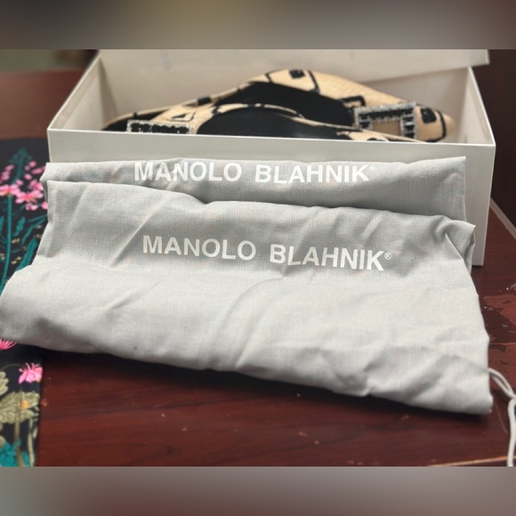 Manolo Blahnik tan and black leather and velvet jewled slingback kitten heel. - Picture 11 of 13